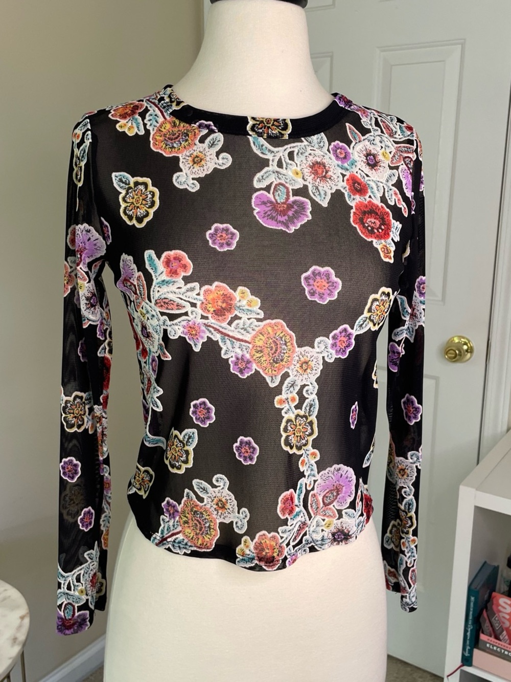 Black Mesh Long Sleeve Top with Painted Floral pattern Size Small